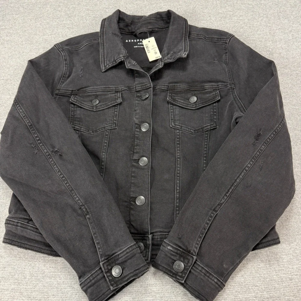 Aeropostale Mens Black Distressed Denim Trucker Jacket‎ XXL 7834-001 New